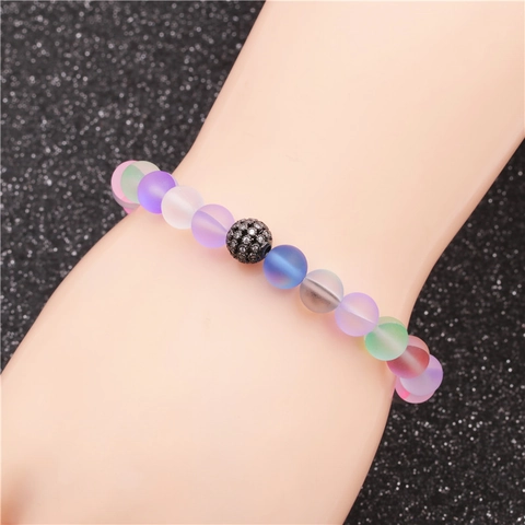 Fashion Moonstone Frosted Beaded Bracelet For Women Men Micro Pave Zirconia Sphere Elastic Strand Bracelet Jewelry Gift