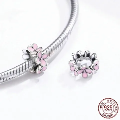 Authentic 925 Sterling Silver Pink Flower Charm Beads Enamel Floral Accessory For DIY Bracelet Jewelry Making Women Accessory