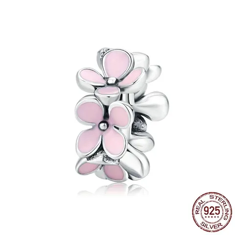 Authentic 925 Sterling Silver Pink Flower Charm Beads Enamel Floral Accessory For DIY Bracelet Jewelry Making Women Accessory