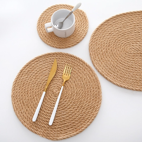 Natural Jute Woven Placemats Coasters Heat Resistant Thick Nordic Table Mats Farmhouse Rustic Decor