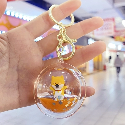 Lindo Llavero de Líquido de Arena Movediza de Acrílico de Perro Shiba Inu para Bolso Colgante de Dibujos Animados Llavero de Oro Regalo Mujer