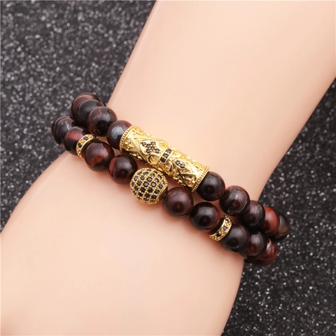 Tigerauge Stein Perlenarmband Mit Kupfer Kreuz Anhänger Und Mikro Pave Zirkon Ball Doppelschichtig Elastischer Schmuck