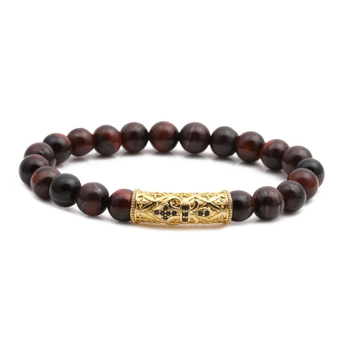 Tigerauge Stein Perlenarmband Mit Kupfer Kreuz Anhänger Und Mikro Pave Zirkon Ball Doppelschichtig Elastischer Schmuck