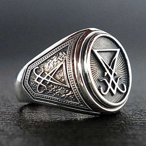 Heren Zegelring Zegel Van Lucifer Antiek Zilverkleur Legering Gothic Biker Punk Occulte Sieraden