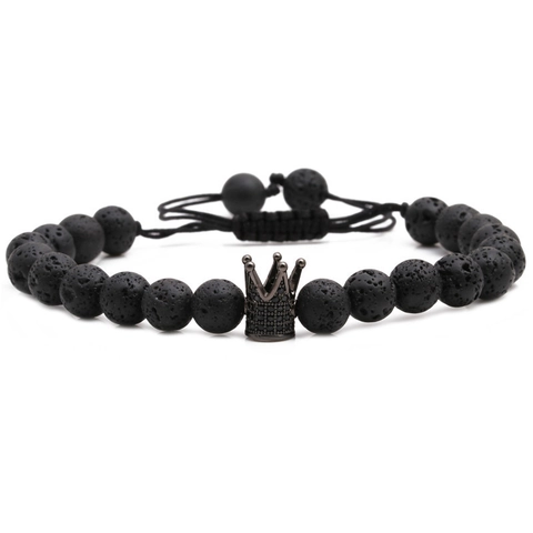 Zwarte Vulkanische Lavasteen Kralen Armband Met Koperen Kroon Hanger Zirkoon Verstelbare Geweven Touw Sieraden Voor Mannen Vrouwen
