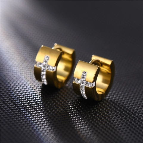 Cross Huggie Earrings Stainless Steel Rhinestone Inlaid Religious Fashion Jewelry Unisex
