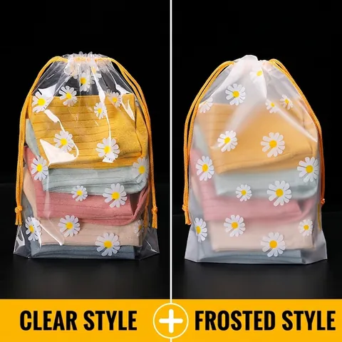 Daisy Print Drawstring Storage Bags PE Plastic Transparent Frosted Pouch For Travel Home Organization Waterproof