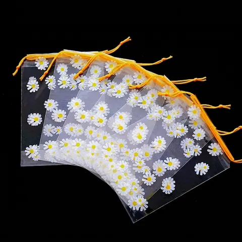 Daisy Print Drawstring Storage Bags PE Plastic Transparent Frosted Pouch For Travel Home Organization Waterproof