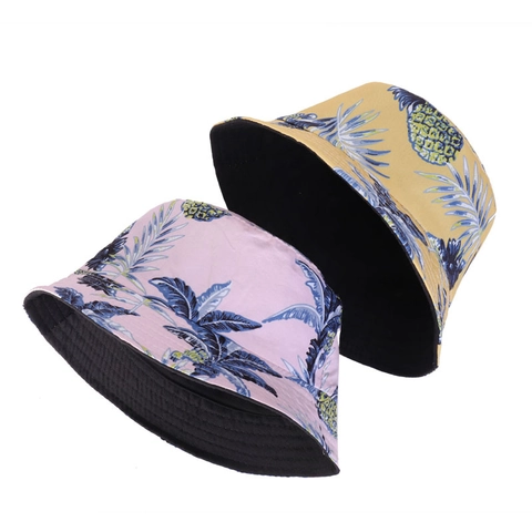 Cappello Alla Pescatora Stampa Tropicale Ananas Foglia Di Palma Cotone Traspirante Protezione Solare Estate Spiaggia Viaggio Unisex Reversibile