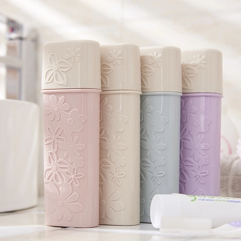Portable Toothbrush Case Plastic 3D Flower Embossed Travel Toothbrush Holder Cup With Lid Dustproof Storage