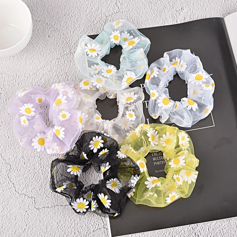 Daisy Print Mesh Scrunchies Bubble Texture Elastic Hair Ties Sweet Floral Ponytail Holder For Women Girls