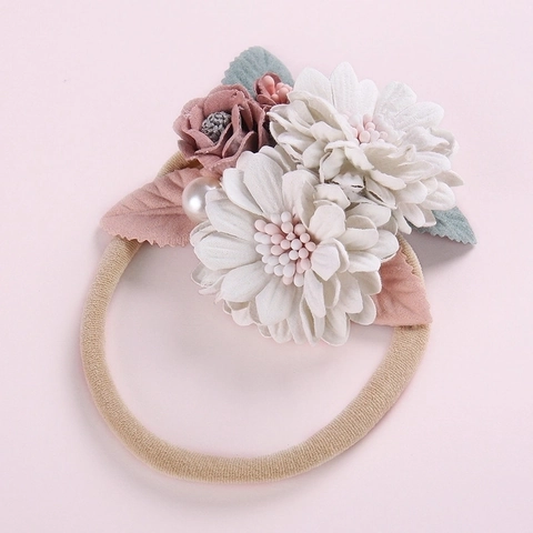 Fascia Per Capelli Neonato Con Fiori Fatta A Mano Nylon Elastico Morbido Tessuto Floreale Con Perla Artificial Per Neonati E Bimbi