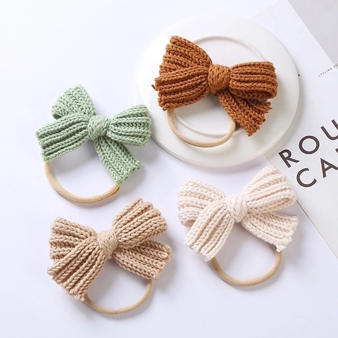 Baby Knitted Bow Headband Soft Elastic Nylon Hair Band Solid Color Handmade Headwear For Newborn Toddlers
