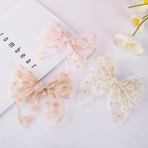 Kids Baby Girls Mesh Bow Hair Clips Daisy Embroidered Sweet Lightweight Ins Style Hairpins Accessories