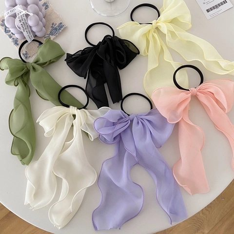 Chouchous À Gros Nœud Élastiques En Mousseline Avec Longs Rubans Style Féerique Anneaux De Cheveux Pour Femmes Accessoires Doux