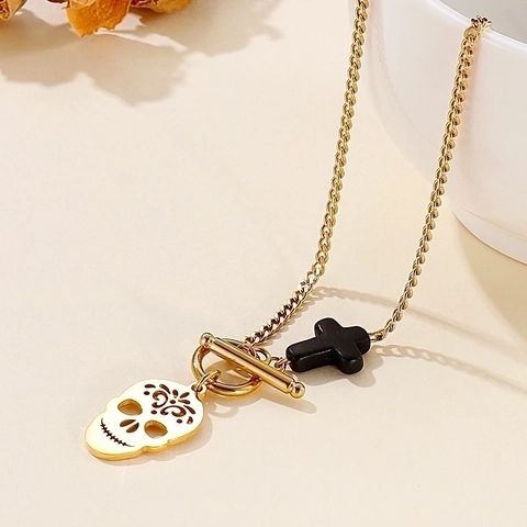 Pendant Necklace Stainless Steel Hollow Skull Black Turquoise Cross OT Buckle Punk Gothic Jewelry For Men Women