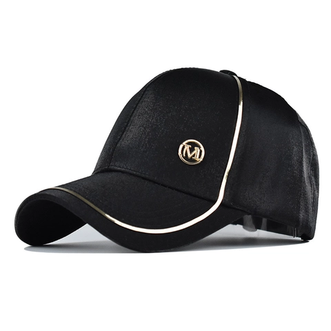Fashion Satin Baseball Cap For Women Men M Logo Gold Piping Trim Adjustable Outdoor Casual Sun Hat Stylish Headwear Gift