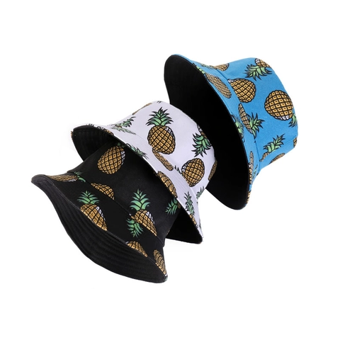 Cappello Alla Pescatora Con Stampa Ananas Cotone Tela Reversibile Estate Esterno Protezione Solare Per Uomo Donna