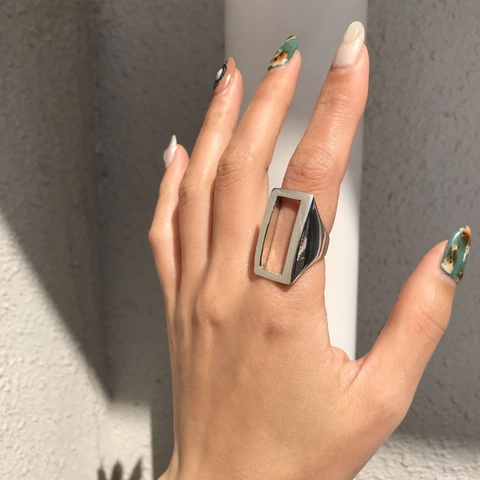 Anello Geometrico Rettangolare Cavo In Argento Sterling 925 Regolabile Stile Francese Minimalista Per Donne