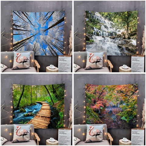 Tapiz De Pared De Paisaje Natural Poliéster Bosque Árboles Cascada Patrón Manta Colgante Hogar Dormitorio Decoración