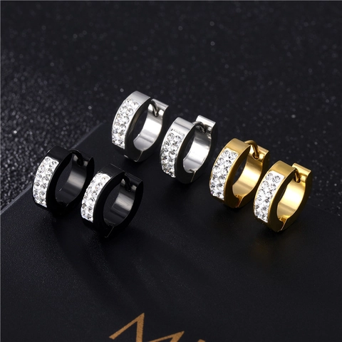 Edelstahl Huggie Hoop Ohrringe Mit Zweireihigem Zirkon Geometrisch Rund Mode Schmuck Für Damen Herren
