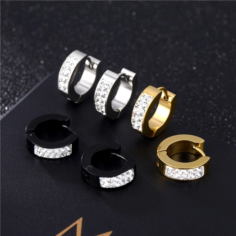 Edelstahl Huggie Hoop Ohrringe Mit Zweireihigem Zirkon Geometrisch Rund Mode Schmuck Für Damen Herren