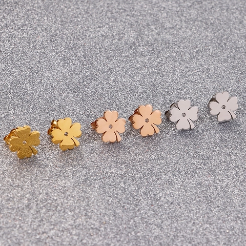 Clover Shaped Stud Earrings Stainless Steel With Cubic Zirconia Korean Simple Fashion Jewelry For Women