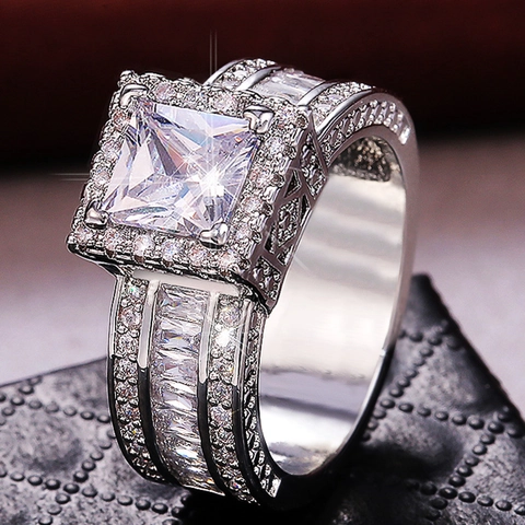 Luxury Square Zirconia Ring Copper Princess Cut Halo Wide Band Fashion Jewelry For Women Engagement