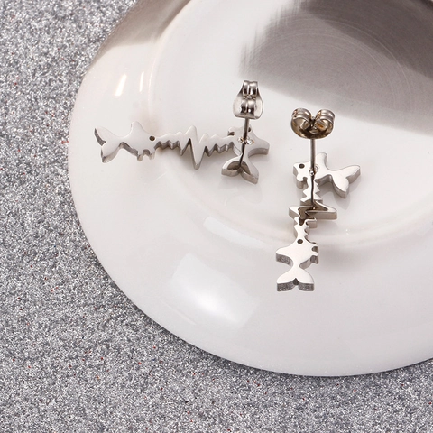 Fish Heartbeat Stud Earrings Stainless Steel ECG Wave Curve Geometric Unique Modern Jewelry For Women