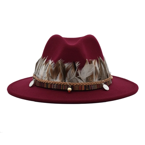 Cappello Fedora a Tesa Larga Etnico Bohemien Decorazione con Piume Fascia Intrecciata Misto Cotone Poliestere Cappello Jazz Unisex