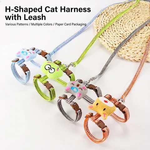 Cat Harness And Leash Adjustable H-Style Nylon Webbing Anti-Escape Breathable With Cartoon Plush For Small Pets