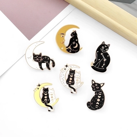 Schattige Emaille Kat Maan Broche Set Voor Vrouwen Legering Zwart Wit Kittens Sterrenhemel Maanfasen Reversspeld Badge Mode Sieraden Accessoire