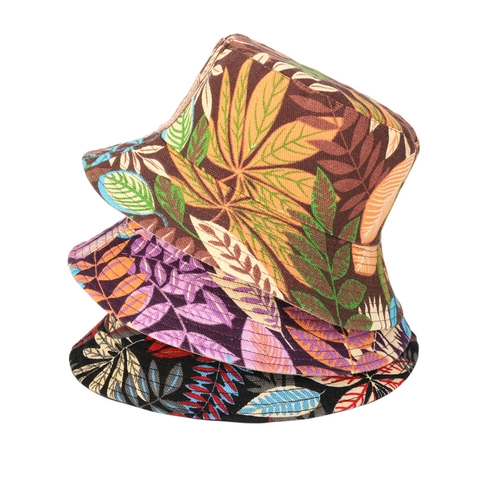 Cappello Da Pescatore Cotone Tela Stampa Foglie Piante Tropicali Reversibile Estate Spiaggia Sole Viaggio Donne