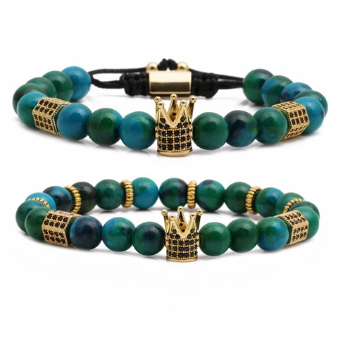 Pulseras De Cuentas De Piedra Natural Corona De Cobre Circón Dije Cordón Tejido Ajustable Elástico Joyería