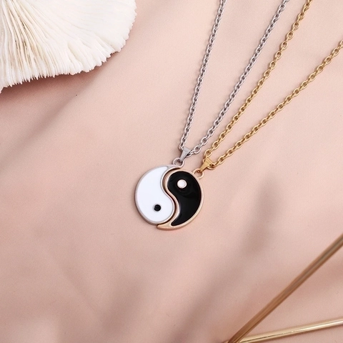 Par de Collares con Colgante de Yin Yang Tai Chi de Acero Inoxidable para Parejas Hombres Mujeres Cadena de Cuerda de Cera Ajustable Joyas