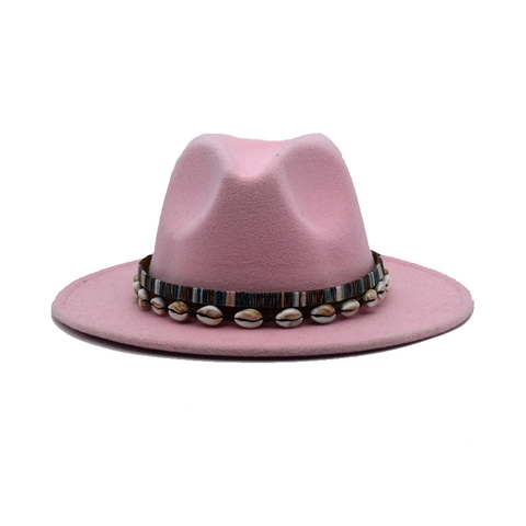 Bohemian Wide Brim Fedora Hat Wool Felt Ethnic Woven Band Shell Decoration Vintage Jazz Sun Hat For Women Men