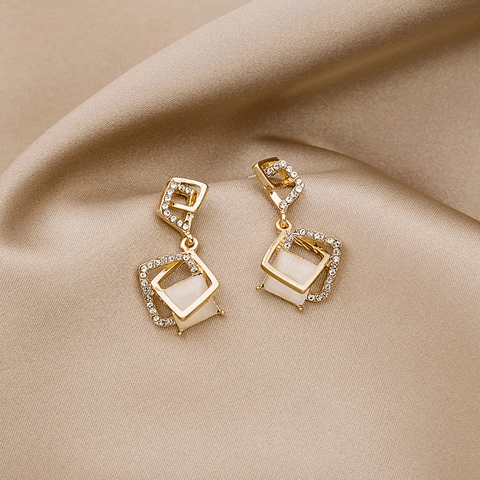 Geometric Square Stud Earrings Alloy With Cat Eye Stone Rhinestones And 925 Sterling Silver Earring Post Korean Style