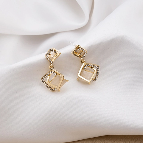 Geometric Square Stud Earrings Alloy With Cat Eye Stone Rhinestones And 925 Sterling Silver Earring Post Korean Style