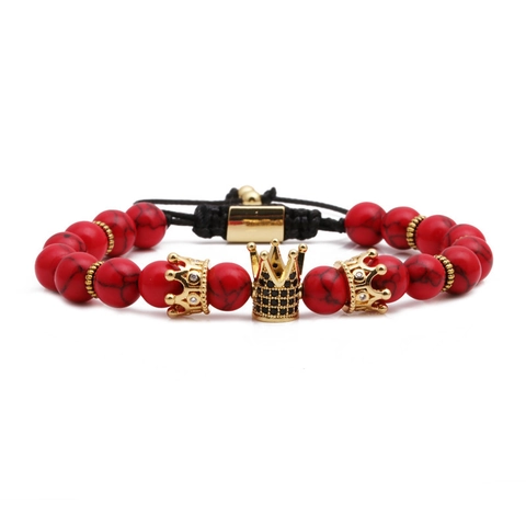 Kronen Perlenarmband Naturstein Hämatit Roter Türkis Kupfer Anhänger Elastisch Geflochtener Schmuck Für Herren Damen