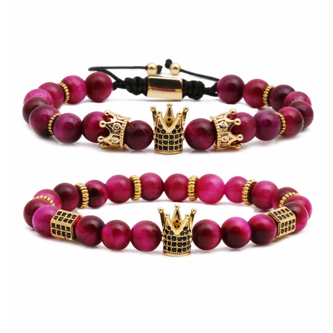Natural Stone Beaded Bracelet With Micro Pave Zircon Crown Alloy Charm Woven Elastic Cord Jewelry For Men Women