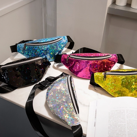 Holographic Laser Fanny Pack For Women Shiny Sequin Waist Bag Reflective Chest Bag With Adjustable Strap For Festival Party