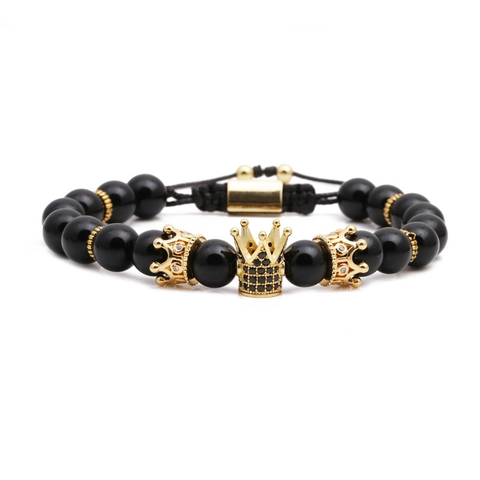 Naturstein Tigerauge Obsidian Perlenarmband Mit Zirkonia Krone Verstellbares Gewebtes Seil Für Herren Damen