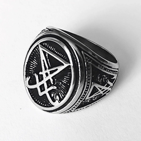 Men Signet Ring Sigil Of Lucifer Antique Silver Tone Alloy Gothic Biker Punk Occult Jewelry Accessory