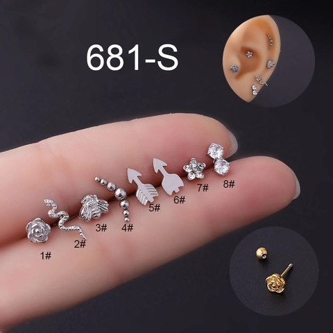 Stainless Steel Flower Snake Bee Arrow Ear Cartilage Studs Zircon Inlaid Screw Back Piercing Jewelry For Women