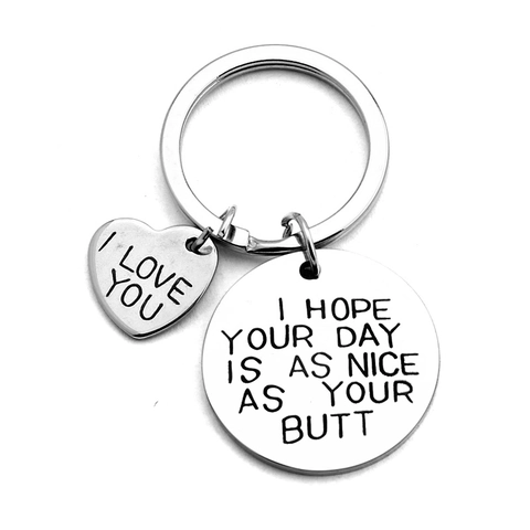 Engraved Stainless Steel Keychain Funny Gift For Couples Heart Circle Pendant I Love You Lettering Valentine Anniversary