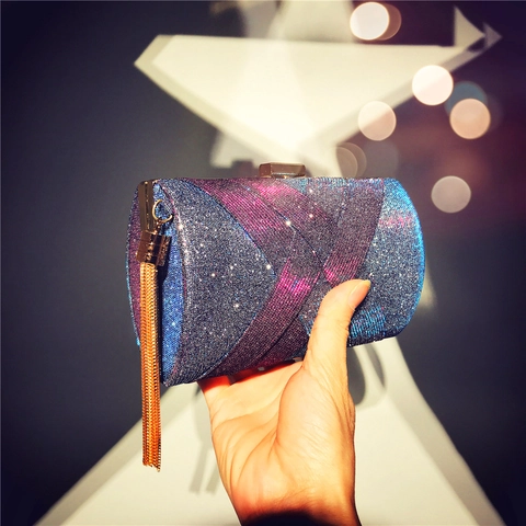 Pochette De Soirée Pour Femme Scintillante À Franges Avec Chaîne Pour Mariage Banquet Fête Rigide Dégradé De Couleur