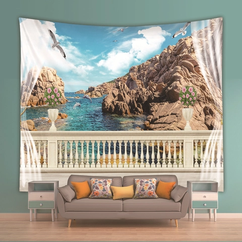 Tapiz De Pared Poliéster Vista Ventana 3D Paisaje Marino Tela De Fondo Para Decoración De Dormitorio Y Sala