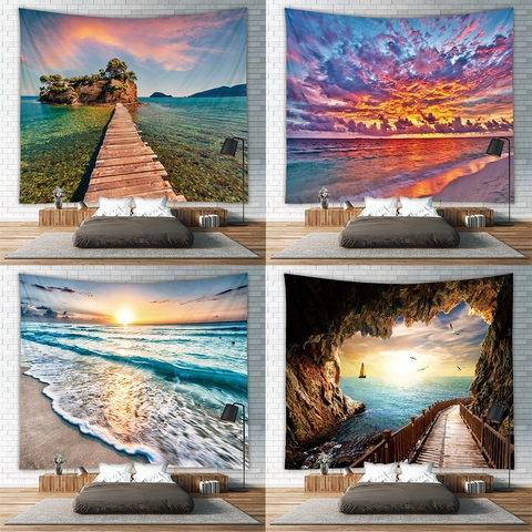 Arazzo Da Parete Con Vista Mare E Spiaggia Poliestere Paesaggio Tramonto Sfondo Per Soggiorno Camera Da Letto Ufficio Mediterraneo