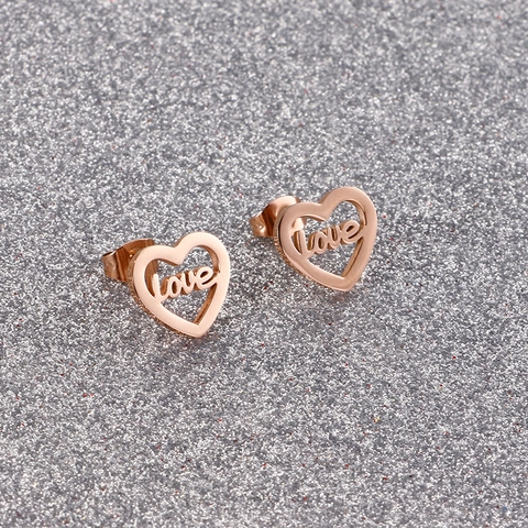 Boucles D'oreilles Puces Cœur Acier Inoxydable Lettre Love Ajouré Bijoux Mode Femme