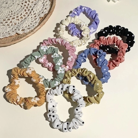 Hair Scrunchies Fabric Elastic Polka Dot Floral Daisy Retro French Style Ponytail Holder Hair Ties For Women Girls